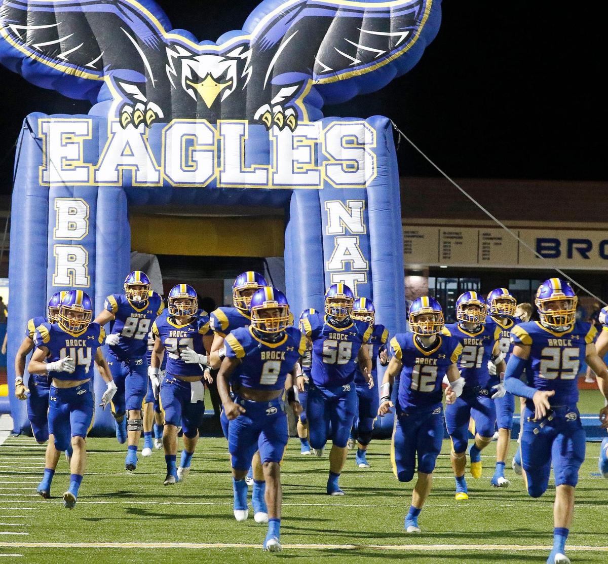 The Brock Eagles enter the field for the second half of a high school football game at Eagle Stadium in Brock, Friday Sept. 04, 2020. Brock defeated Community 66-7. (Special to the Star-Telegram Bob Booth)