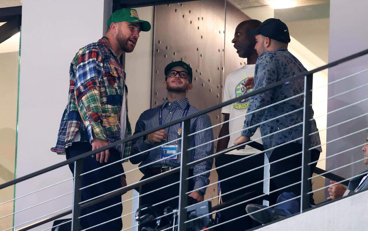 Kansas City Chiefs tight end Travis Kelce is sighted during Game 1 of the World Series between the Texas Rangers and the Arizona Diamondbacks on Friday, October 27, 2023, at Globe Life Field in Arlington.