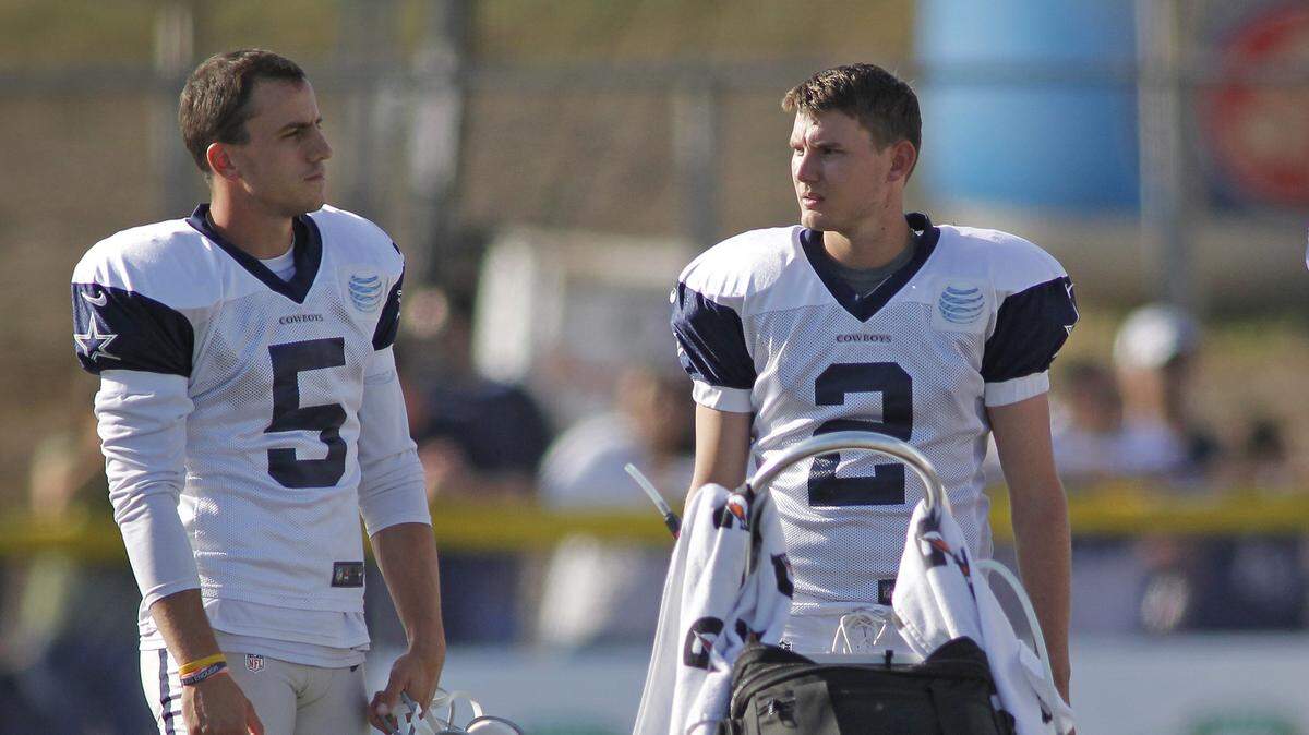 Place-kicker Brett Maher, center, impressed the Cowboys enough in preseason that they decided to keep him and waive veteran Dan Bailey, left, the NFL’s second all-time most accurate kicker.