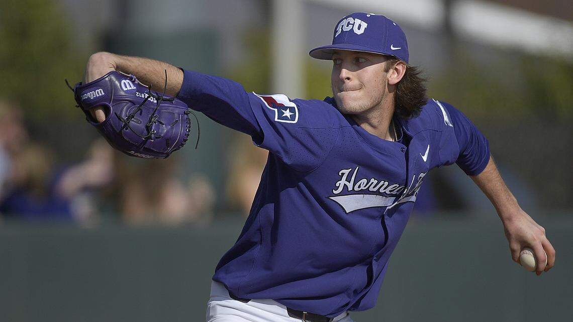 TCU pitcher Nick Lodolo (12) working during the fourth inning as TCU beats UC Irvine baseball 6 - 2 at Lupton Stadium in Fort Worth, TX, Saturday, March 3, 2018.  