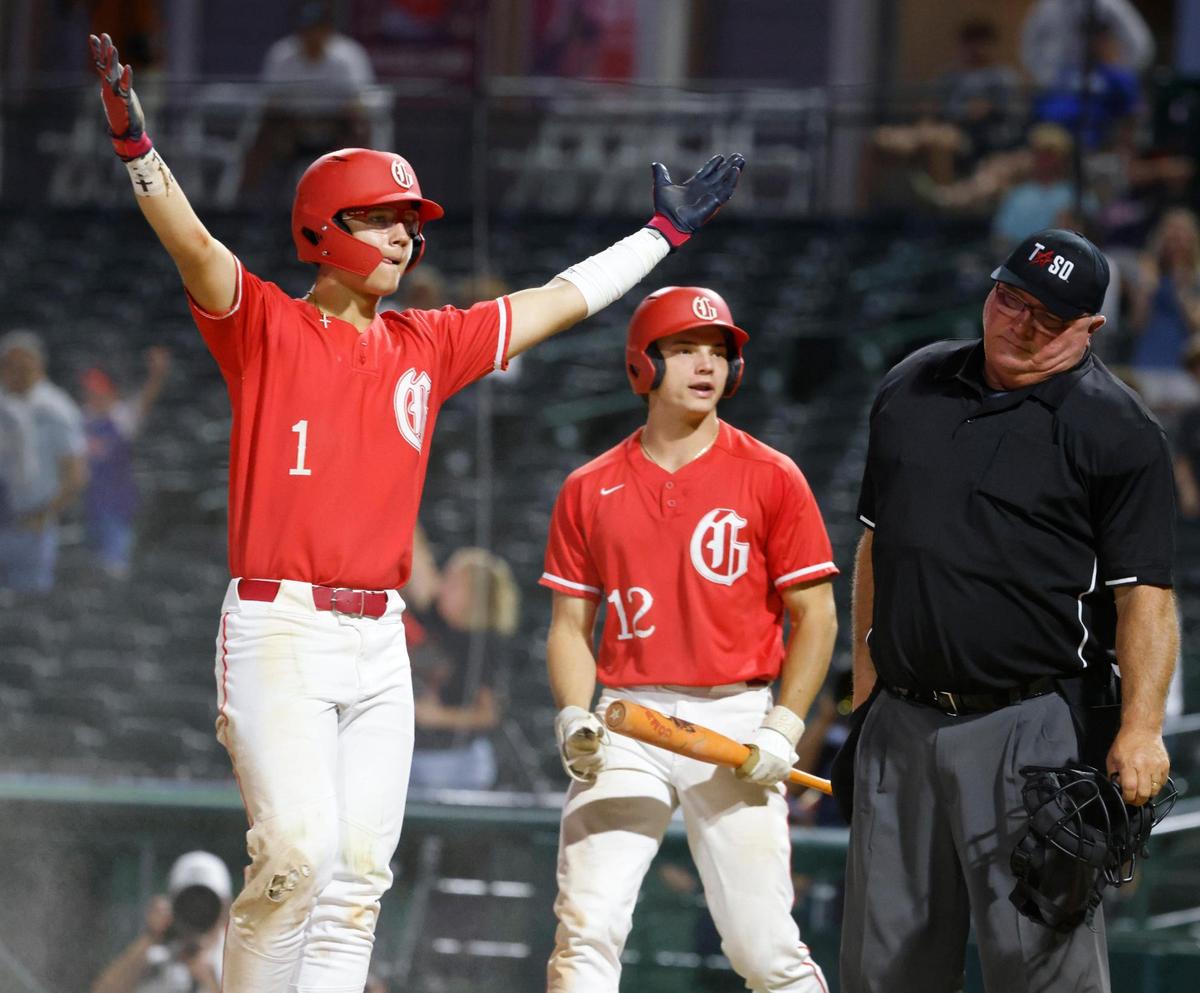 Grapevine left fielder Luke Esquivel (1) taunts the Lovejoy fans after scoring the winning run in extra innings during a UIL 5A D2 semifinal baseball game at Riders Park in Frisco, Texas, Friday, May 30, 2025.