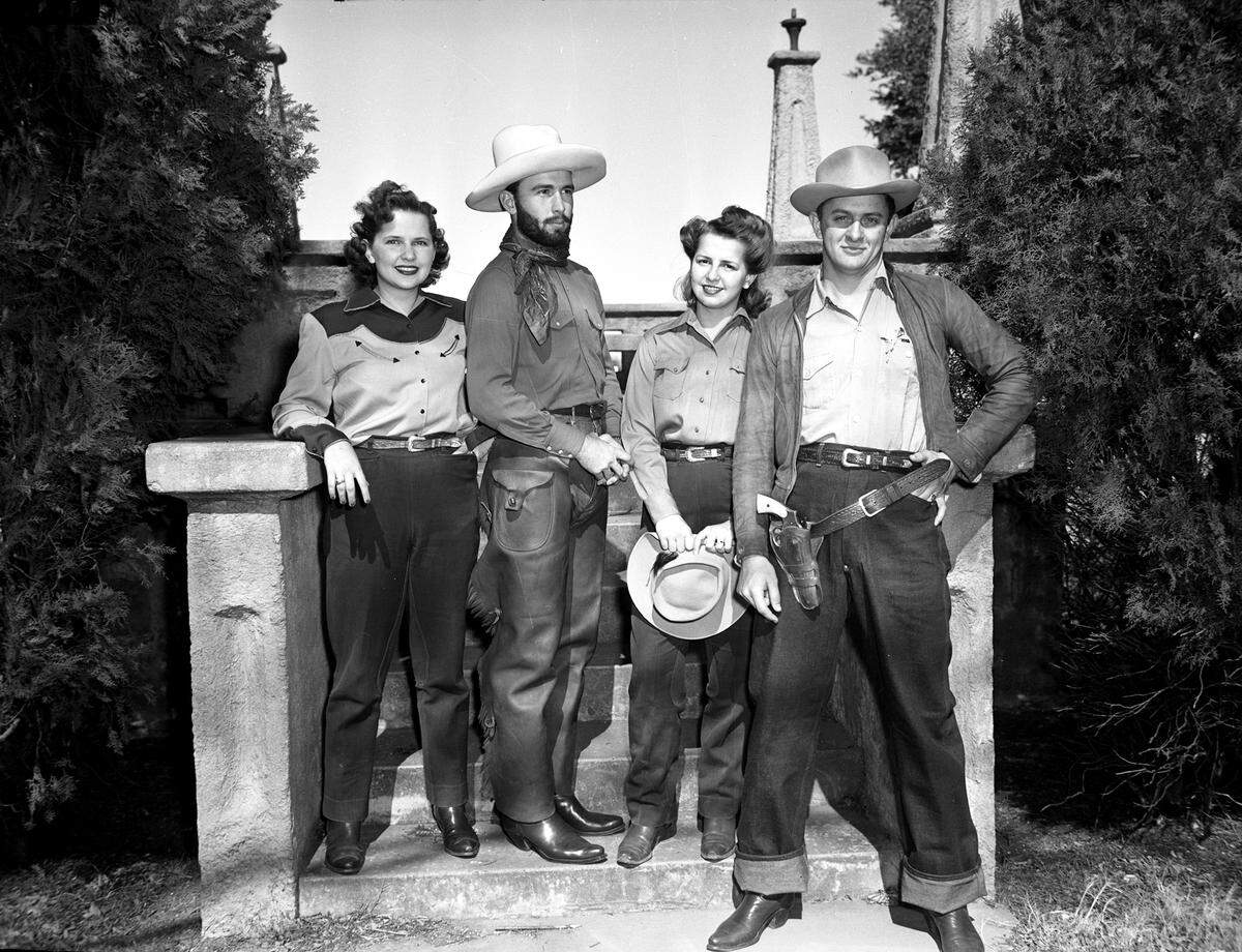 Feb. 5, 1943: TCU students in the cast for a Ranch Week play called “At the Canyon Entrance or Down in the Mouth” are, from left, Nancy Dunkle of Brite Bar Cross Ranch near Marfa; Bennie Post of Marion, La.; Jane Dunkle of Marfa; and Samuel Weatherford of Fort Worth.