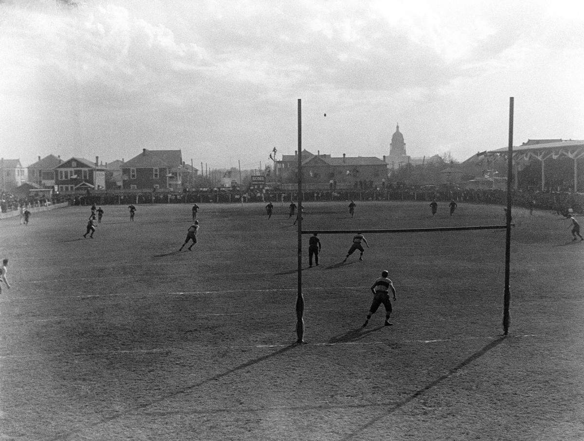 Kickoff at a University of Texas versus Rice University football game at Clark Field in 1915-1916. The site hosted the first UIL state championship game between Cleburne and Houston Heights in 1920.