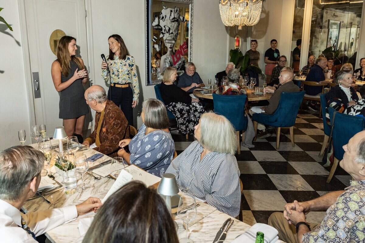Quince owner Deb Sneed and her daughter Emma speak to event attendees at the Eats Beat Dinner with Bud at Quince in Fort Worth on Tuesday, Oct. 28, 2025.