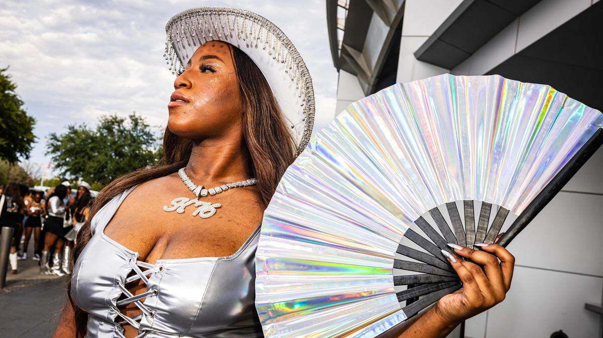 Rosalia Kanyinda poses for a portrait before entering Beyonce’s Renaissance World Tour at AT&T Stadium in Arlington on Thursday, Sept. 21, 2023.