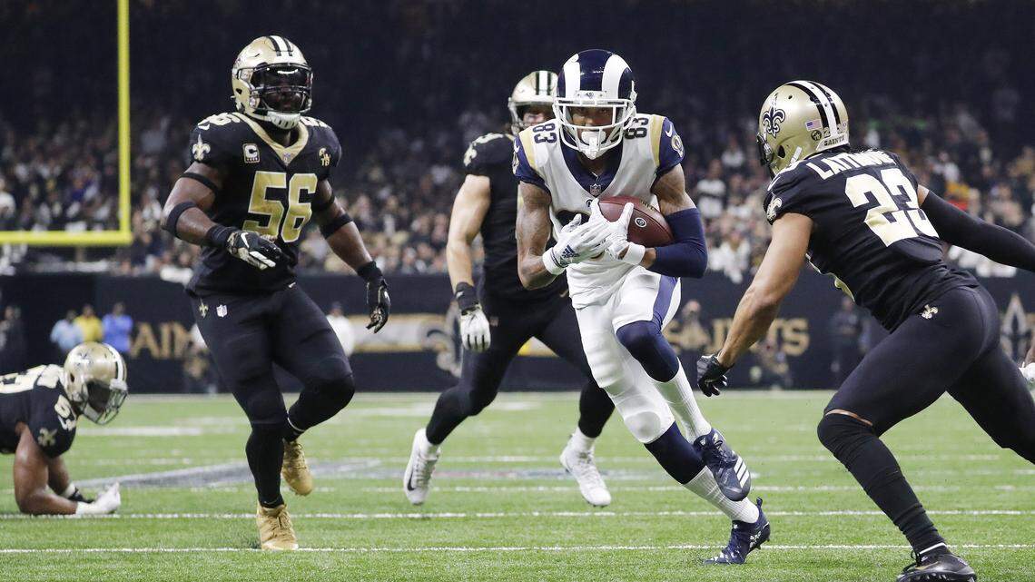 Josh Reynolds catches a pass during the second half of the NFL football NFC championship game against the New Orleans Saints, Sunday, Jan. 20, 2019, in New Orleans. (AP Photo/John Bazemore)