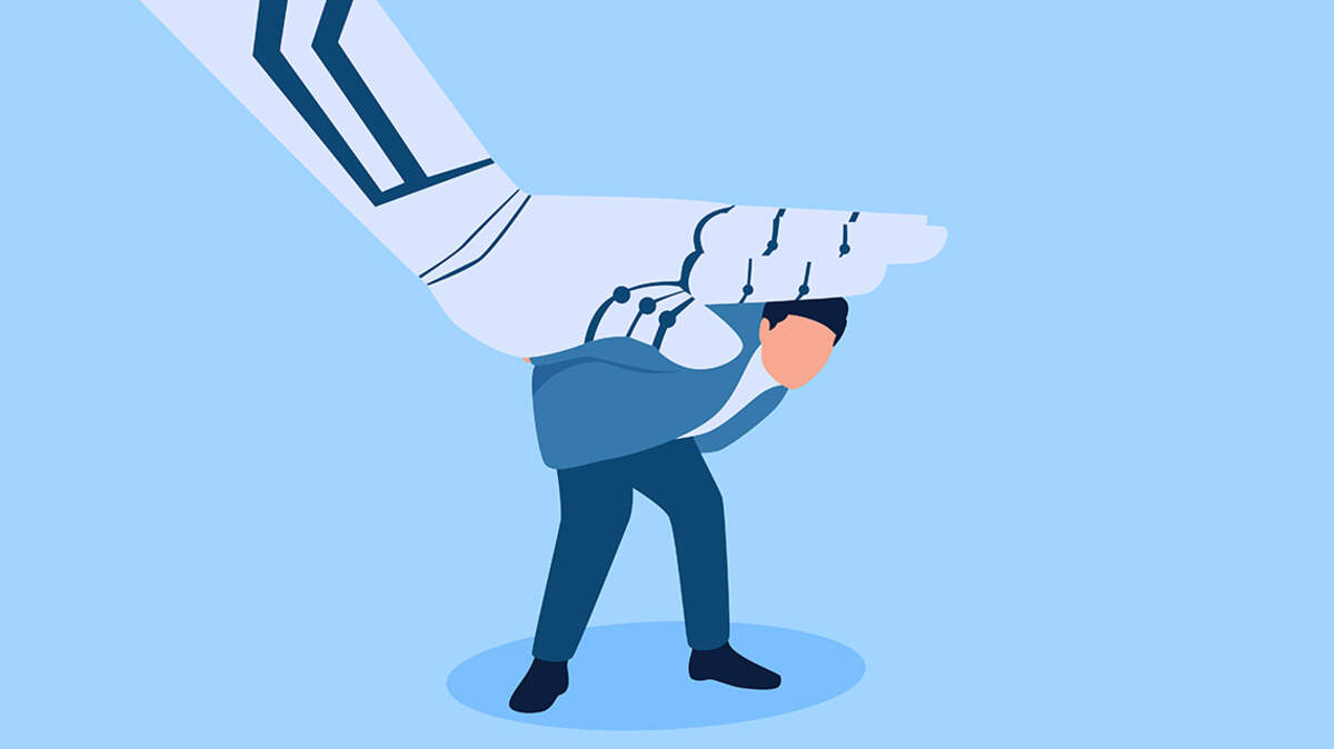 artificial intelligence robot hand pressing on people’s backs, a metaphor of racing with artificial intelligence. Flat conceptual illustration.