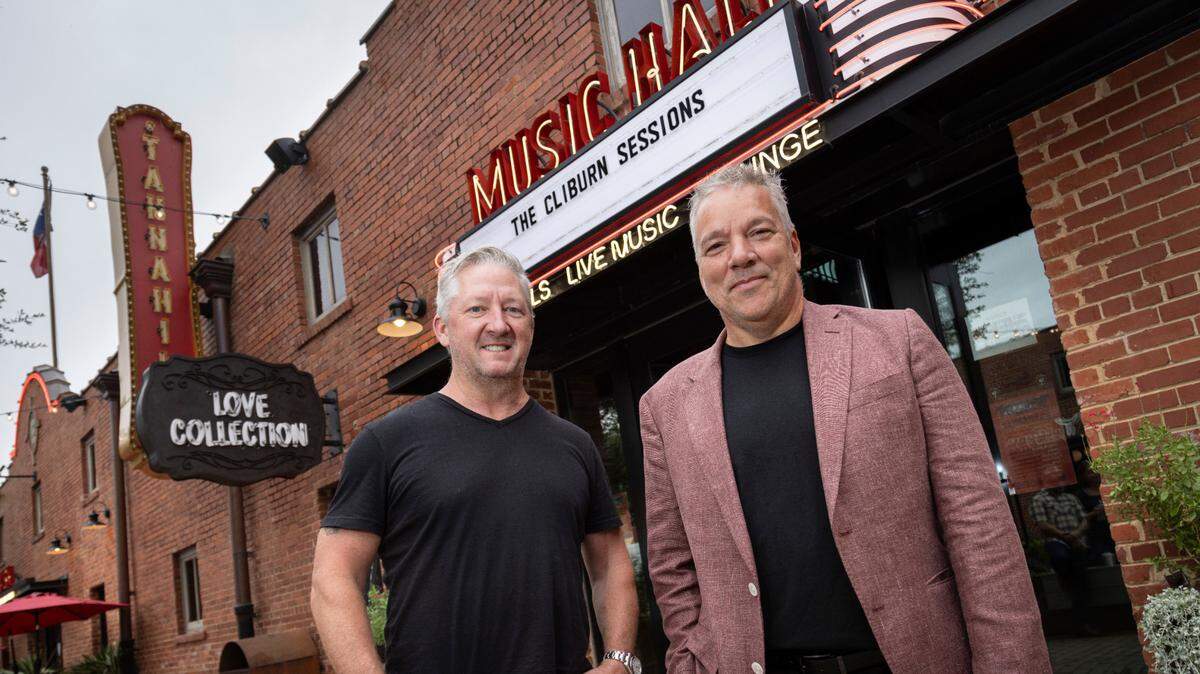 Chef Tim Love, left, and Cliburn president and CEO Jacques Marquis at Tannahill’s Tavern & Music Hall in the Fort Worth Stockyards.