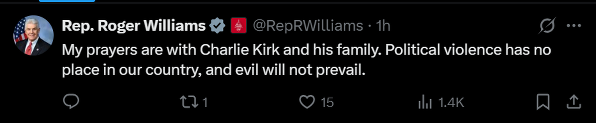 Republican Congressman Roger Williams reacts to the shooting of conservative activist Charlie Kirk.