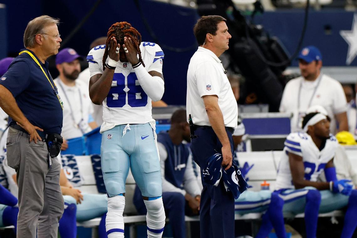 Dallas Cowboys wide receiver CeeDee Lamb reacts during the second quarter as they trail the Baltimore Ravens on Sunday at AT&T Stadium in Arlington.