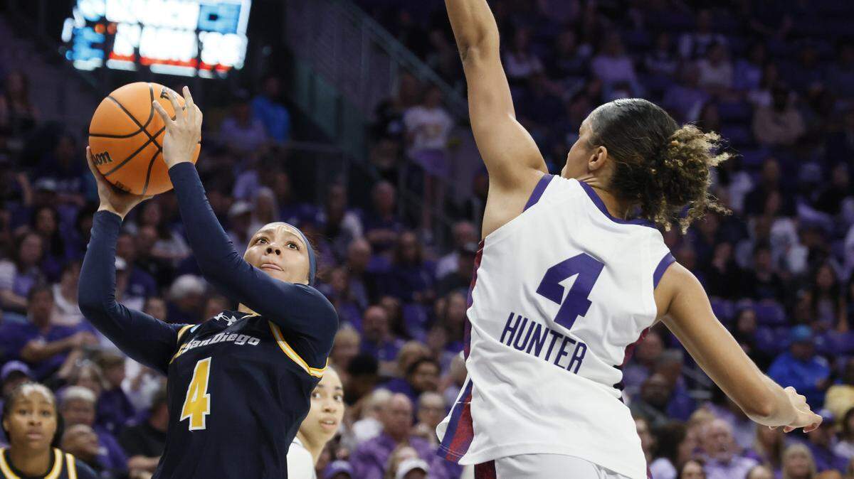 TCU guard Donovyn Hunter (4) blocks the shot of UC San Diego guard Makayla Rose (4) during the second half of an NCAA Division I Women's Basketball Championship game at Schollmeier Arena in Fort Worth, Texas, Friday, March, 20, 2026.