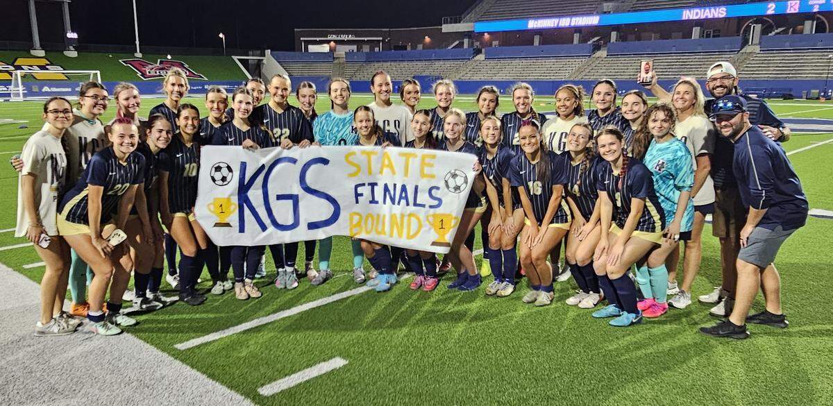 The Keller girls soccer team poses after defeating Sachse in a Class 6A Division I state semifinal on Thursday at McKinney ISD Stadium. Keller will play for a state championship at 11 a.m. Saturday, April 11, in Georgetown.