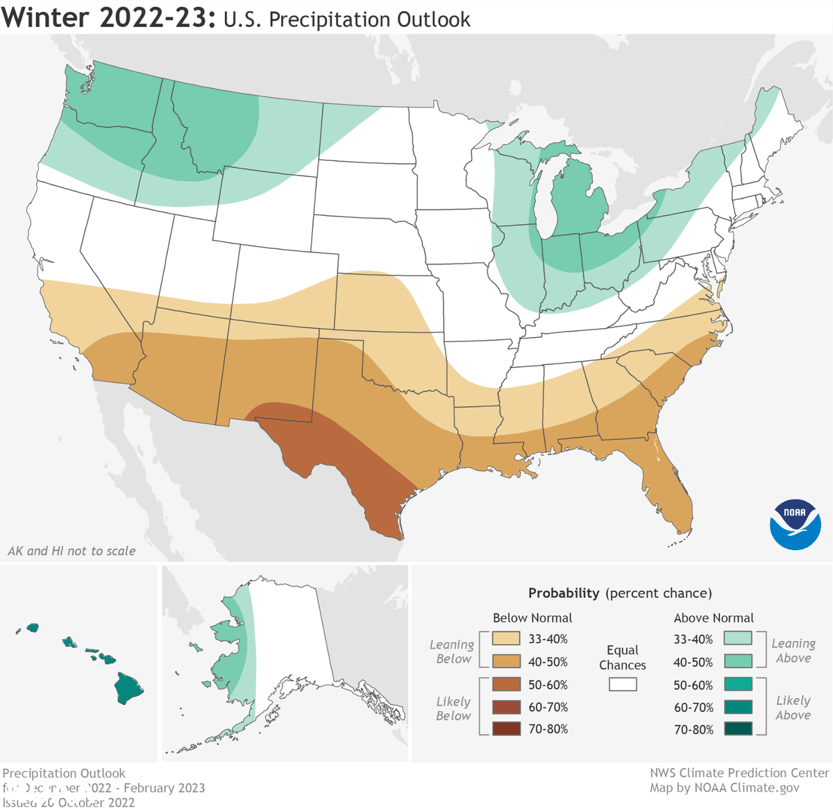 Drier-than-average conditions are forecast in portions of California, the Southwest, the southern Rockies, southern Plains, Gulf Coast and much of the Southeast.
