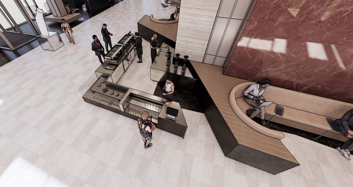 A rendering of a coffee bar inside a building lobby. 