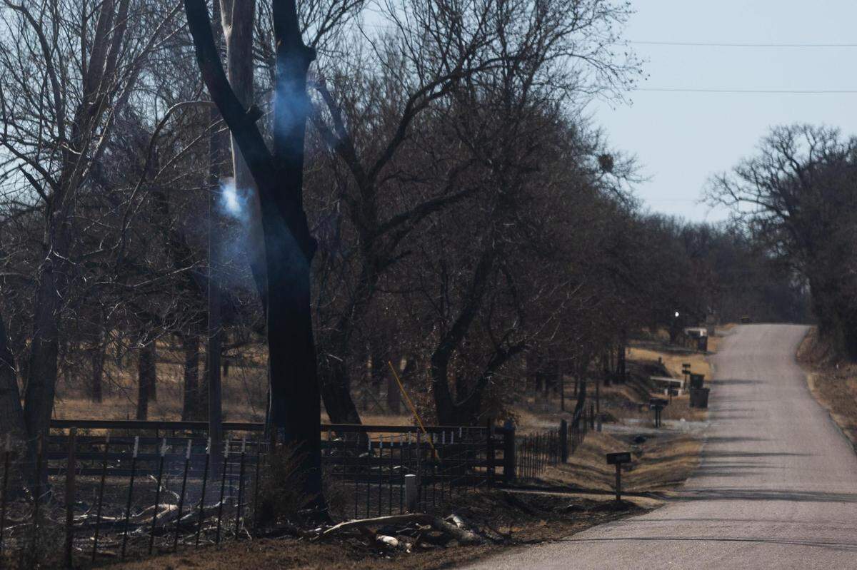 A tree continues to smolder after the Valentine’s Day Fire Tuesday, Feb. 15, 2022, along County Road 4698 in Wise County.