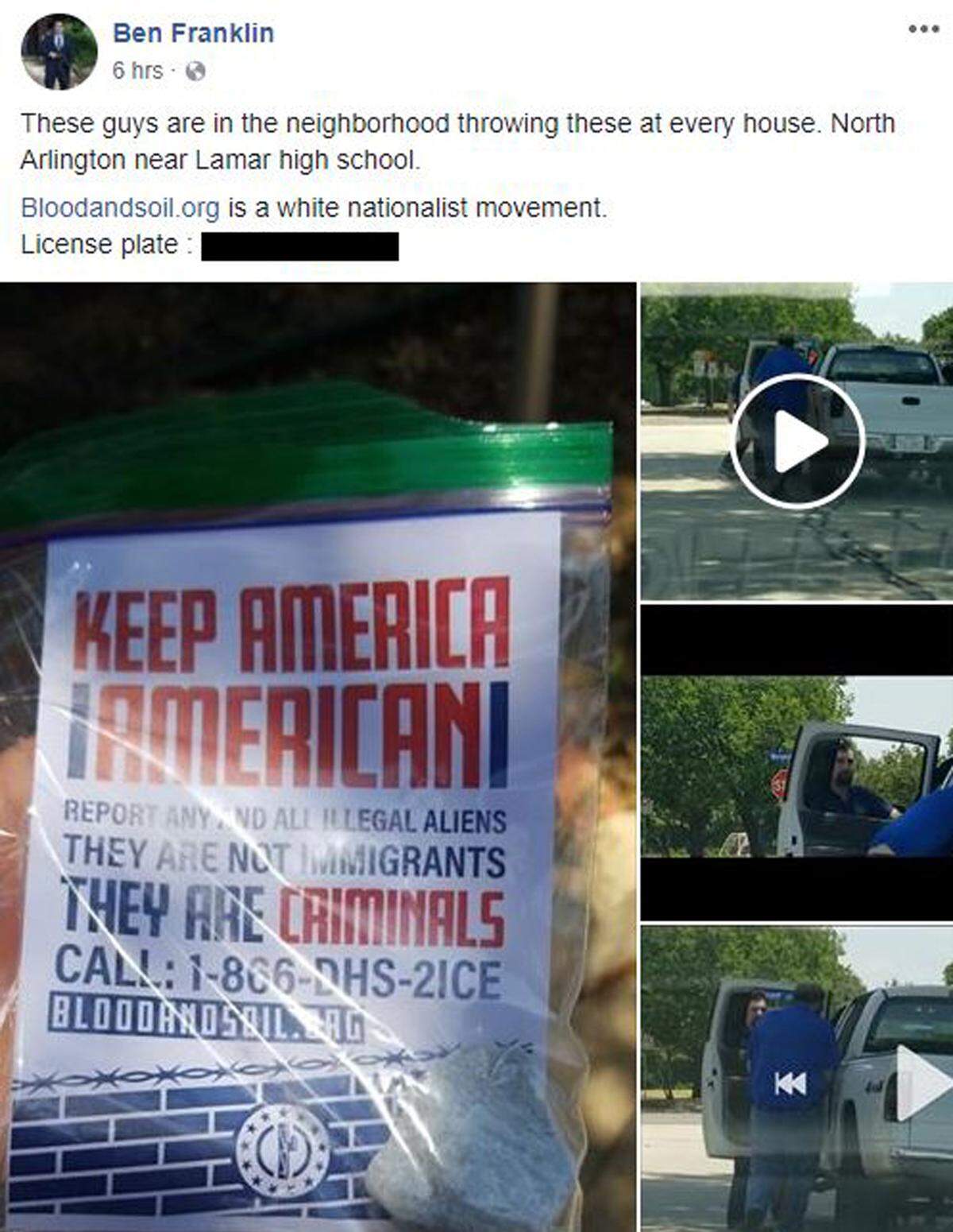"These guys are in the neighborhood throwing these at every house. North Arlington near Lamar high school. Bloodandsoil.org is a white nationalist movement." This image is best viewed with a full-sized window.