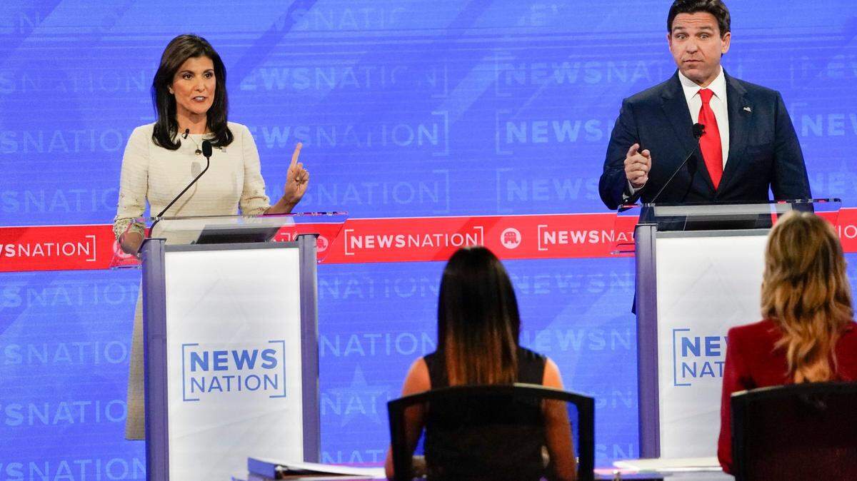 Former South Carolina Gov. Nikki Haley and Florida Gov. Ron DeSantis during the fourth Republican Presidential Primary Debate presented by NewsNation at the Frank Moody Music Building University of Alabama on Dec. 6, 2023 in Tuscaloosa, Ala.