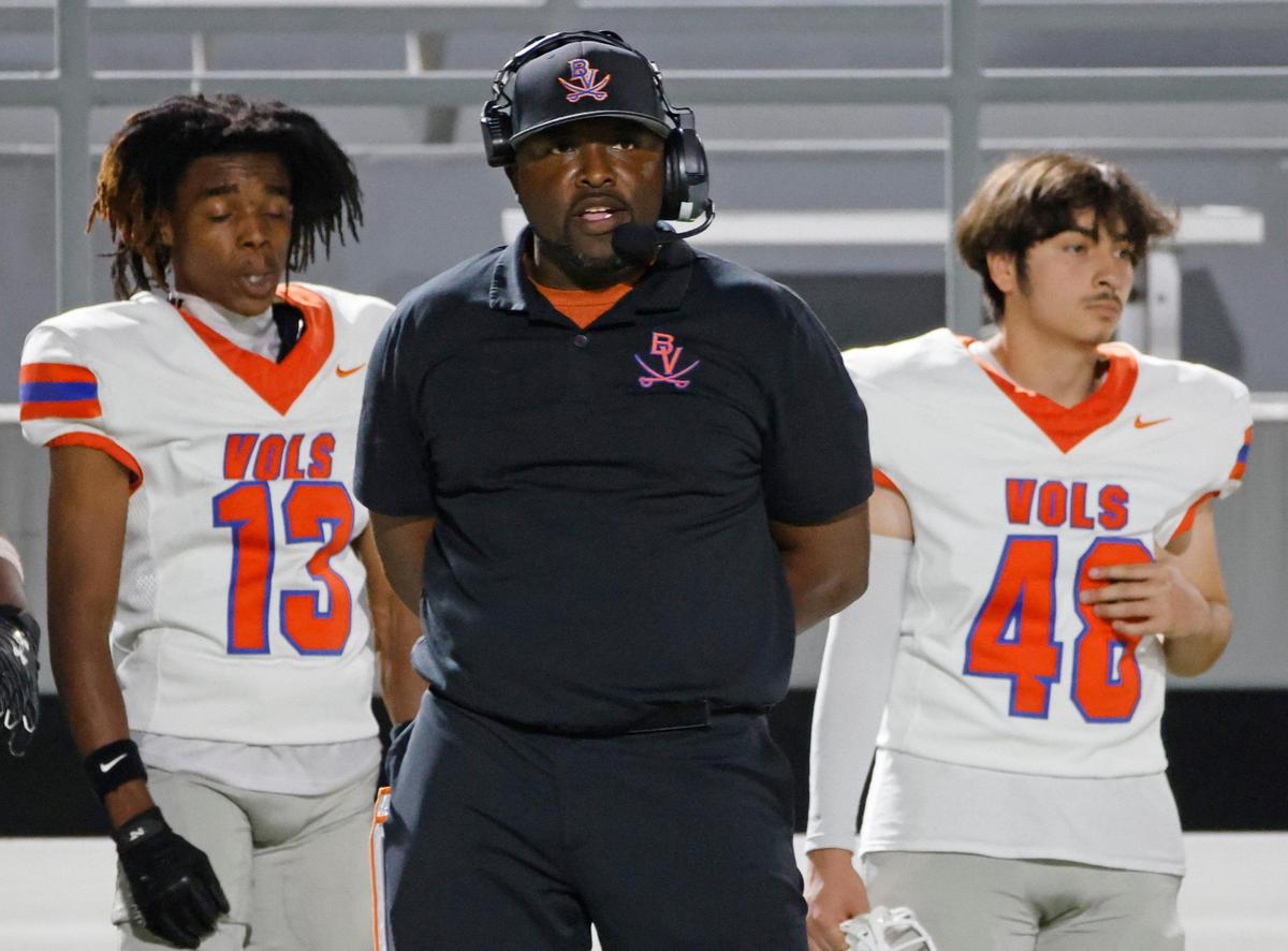 Bowie head coach Joseph Sam watches second quarter action during a District 8-6A football game at Birdville Fine Arts/Activity Complex in North Richland Hills, Texas, Friday, Oct. 25, 2024.