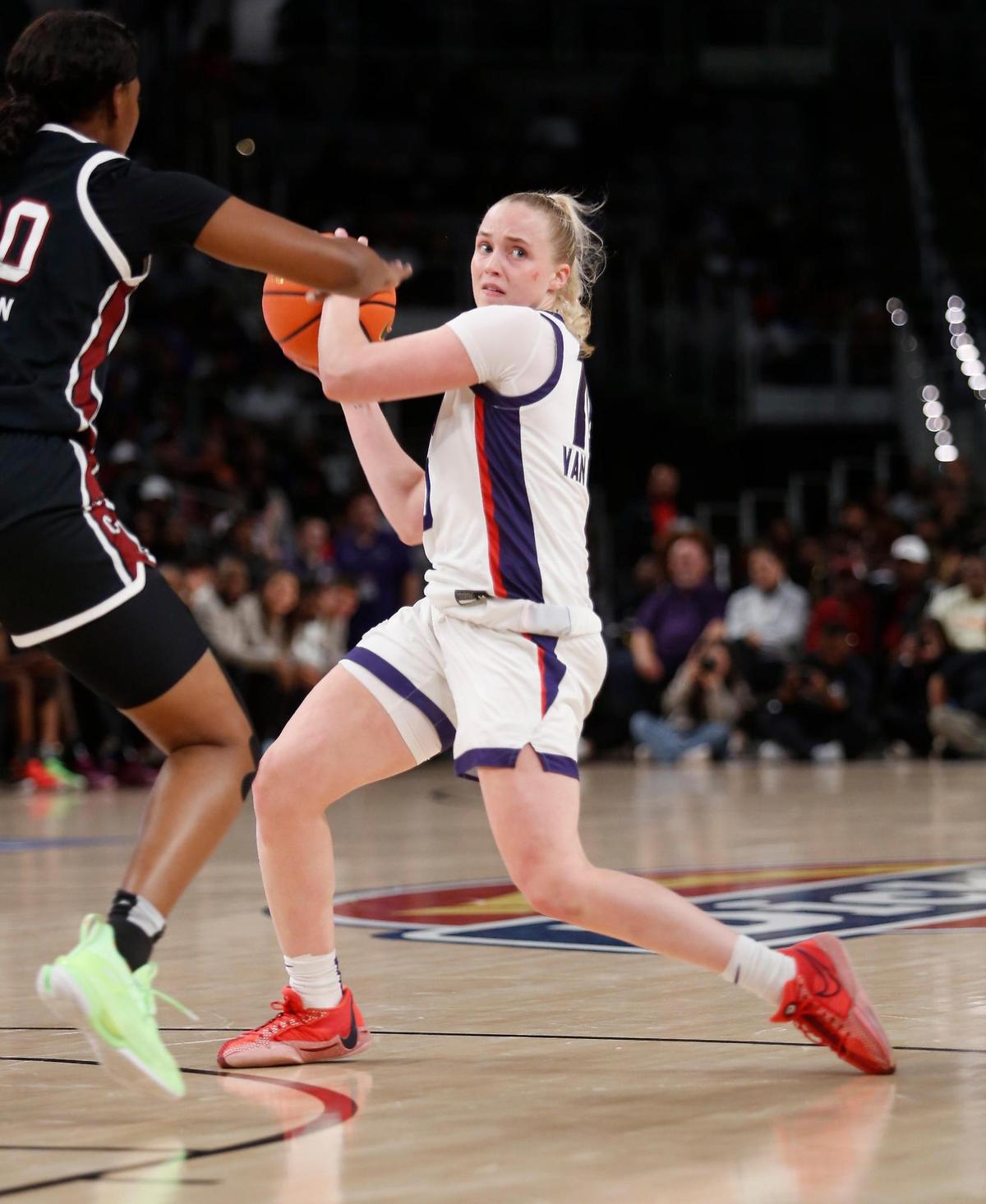 TCU’s Hailey Van Lith looks to make a pass during their game on Sunday, December 8, 2024 at Dickies Arena.