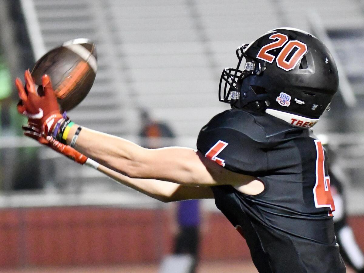 Burleson’s Luke Peterson makes the catch for a touchdown to take a 28-11 lead in the third quarter of their Division 2 District 5-5A football game Thursday, November12, 2020 at Burleson ISD Stadium in Burleson, Texas. Burleson won 35-32. Special/Bob Haynes
