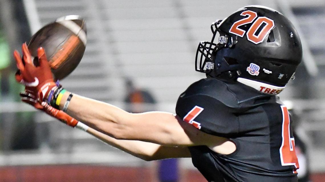 Burleson’s Luke Peterson makes the catch for a touchdown to take a 28-11 lead in the third quarter of their Division 2 District 5-5A football game Thursday, November12, 2020 at Burleson ISD Stadium in Burleson, Texas. Burleson won 35-32. Special/Bob Haynes