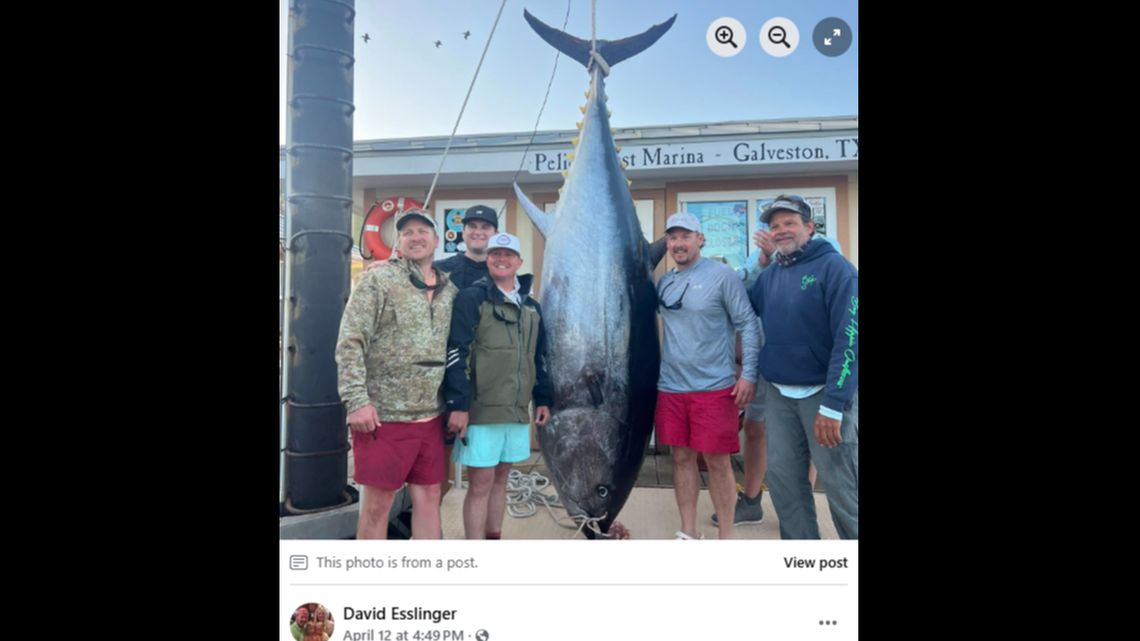 David Esslinger and crewmates pose with an 884-pound bluefin tuna caught off the coast of Galveston, Texas.