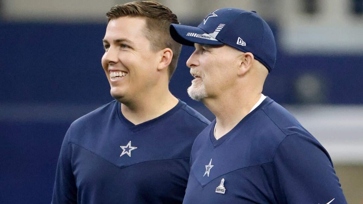 Dallas Cowboys offensive coordinator Kellen Moore, left, may not return in 2023 but defensive coordinator Dan Quinn, right, has decided to come back.