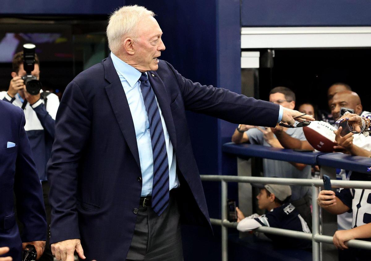 Dallas Cowboys owner Jerry Jones walks onto the field of AT&T Stadium before the start of the game against the Washington Commanders on Sunday, October 2, 2022.