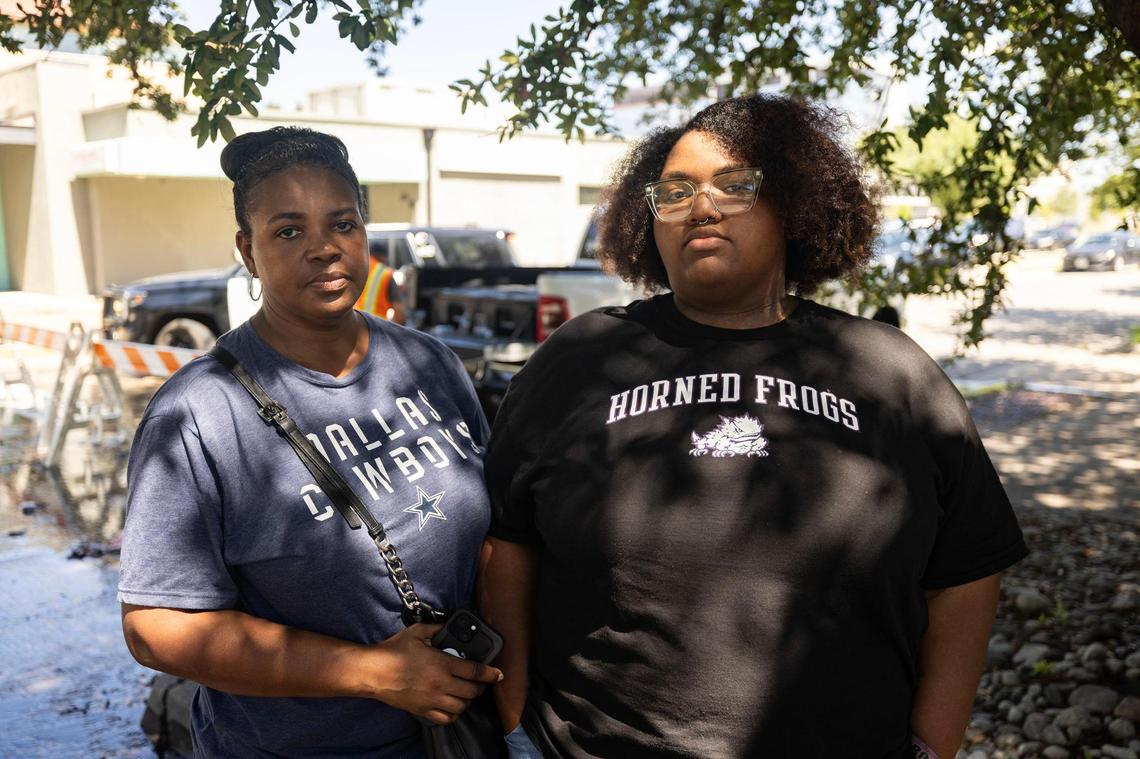 Tina Cooper, left, is photographed with her daughter Tiony Cooper, who is a resident at The Cooper Apartments, on Tuesday, June 24, 2025, following a six-alarm fire the previous day at the apartment complex in Near Southside Fort Worth.
