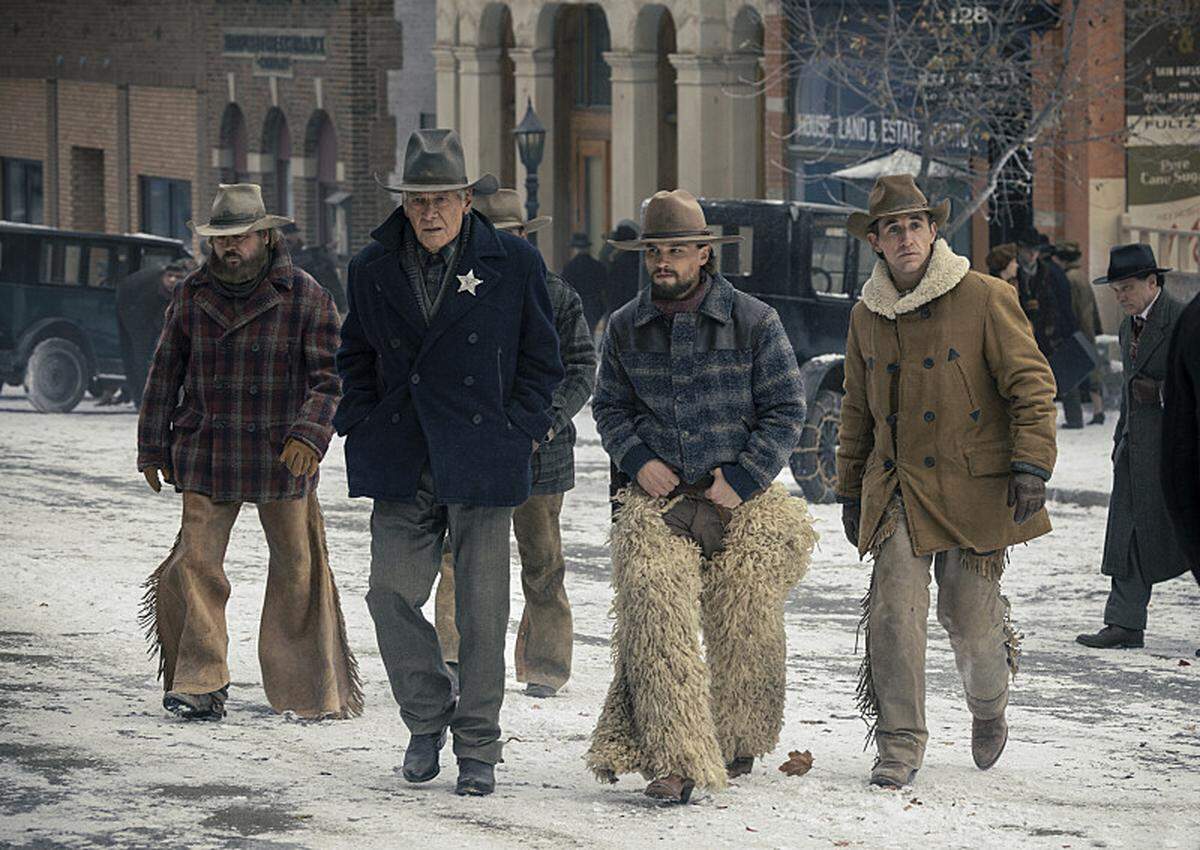 Harrison Ford as Jacob Dutton, Darren Mann as Jack Dutton and Caleb Martin as Dennis in season 2, episode 1 of “1923” streaming on Paramount+.
