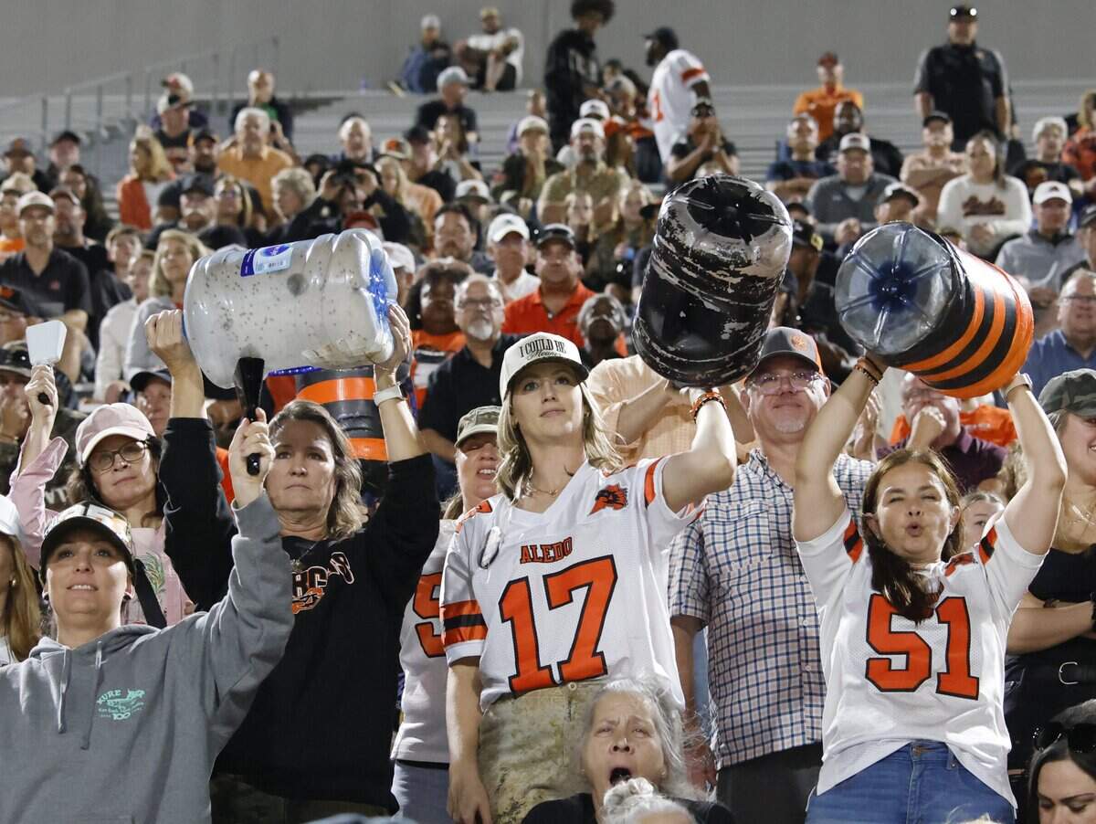 Aledo fans make some noise during the first half of a UIL football game against North Richland Hills Richland on Thursday, October, 23, 2025 at Birdville FAAC Stadium in North Richland Hills, Texas.