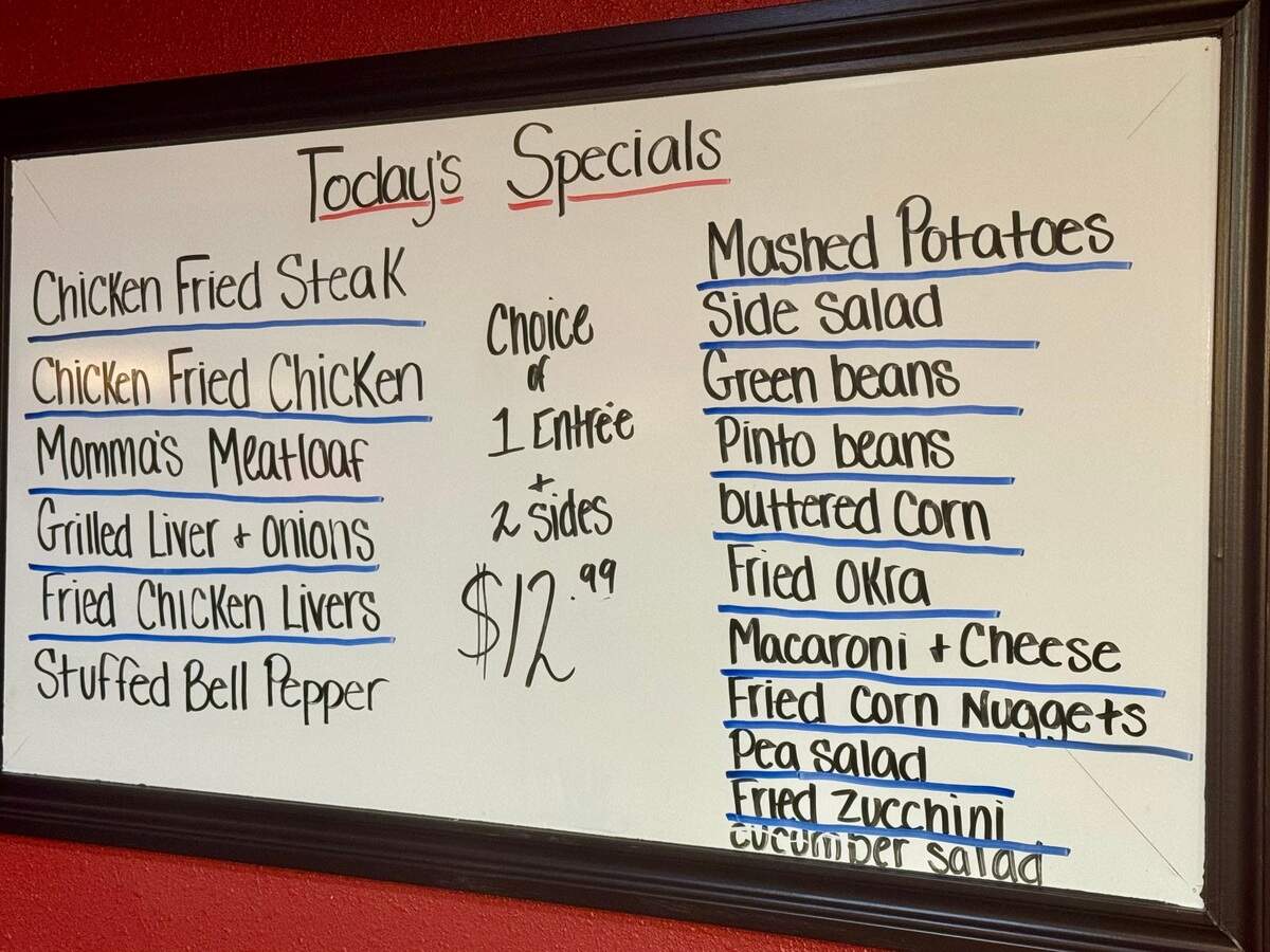 The daily specials board at Blue Mound Cae in North Richland Hills.