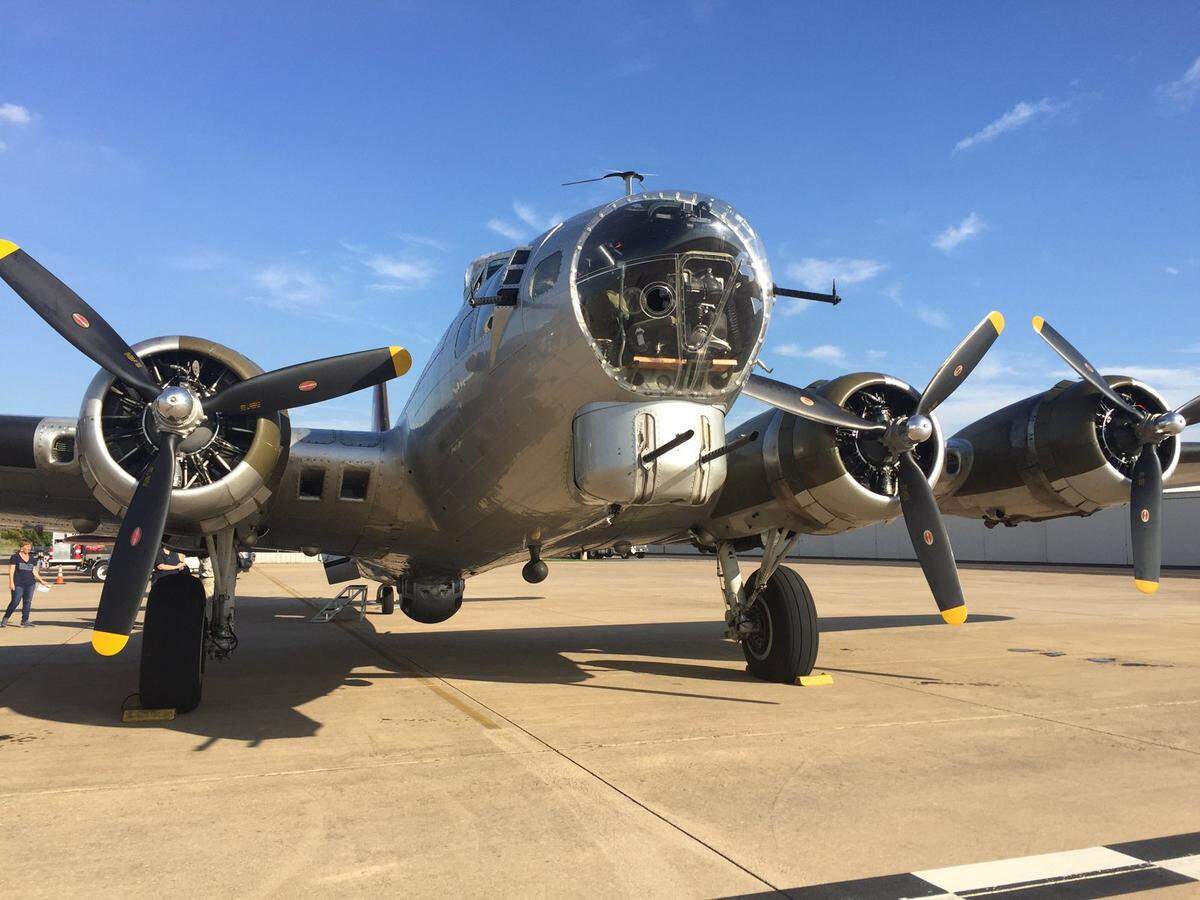 A B-17 on display at the Arlington Municipal Airport in 2019.