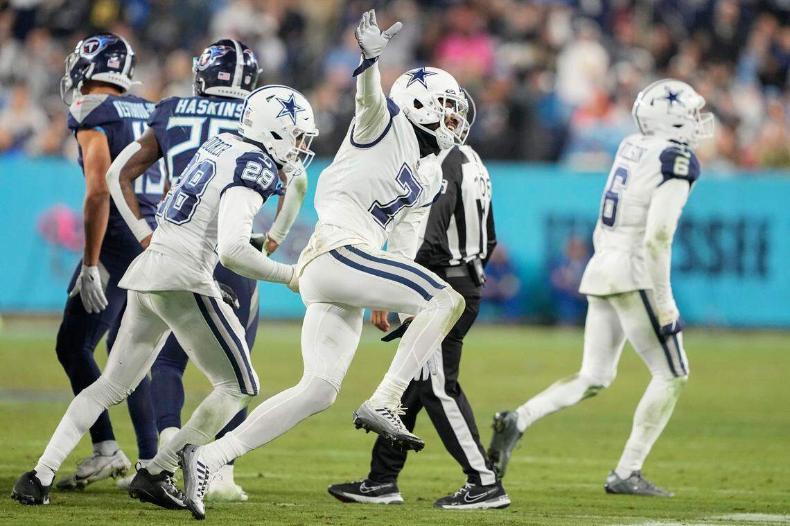 Dallas Cowboys cornerback Trevon Diggs (7) reacts to a fumble that the team recovered against the Tennessee Titans during the first half of an NFL football game, Thursday, Dec. 29, 2022, in Nashville, Tenn. (AP Photo/Chris Carlson)