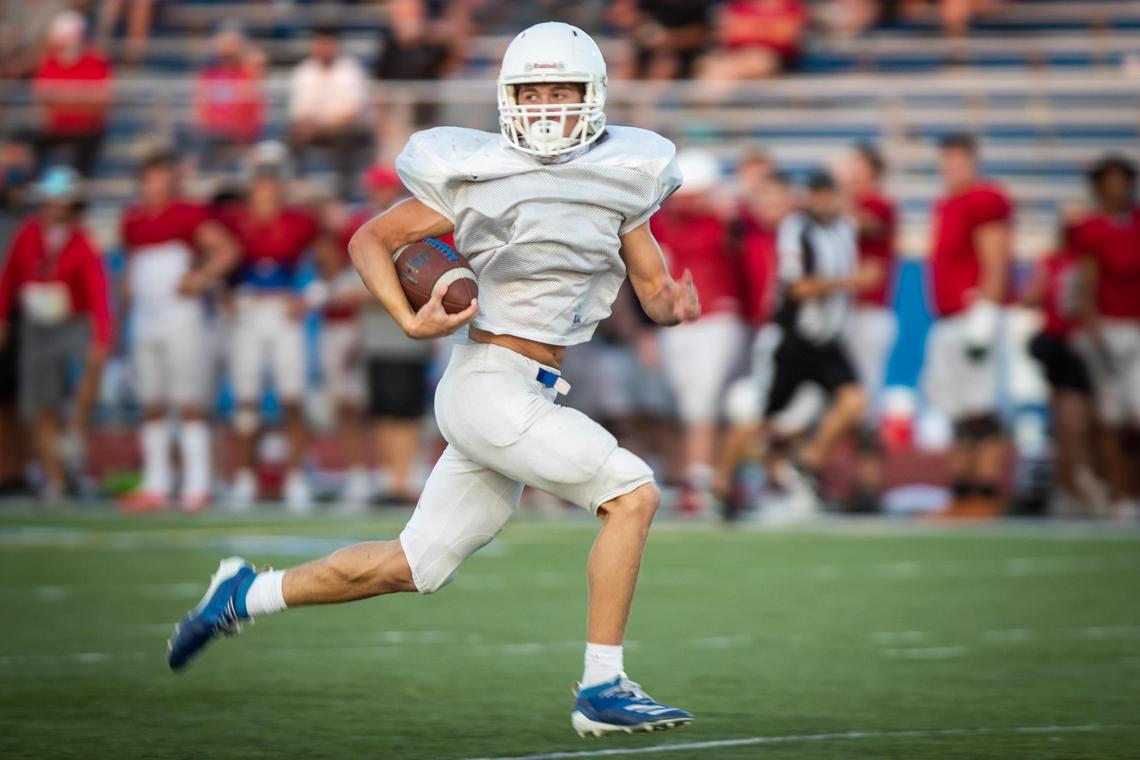 Brock’s Jake Lindberg runs the ball catches a pass during the season opening scrimmage against Midlothian Heritage Thursday, Aug. 20, 2020, at Brock High School.