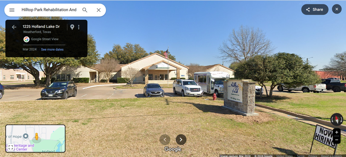 Hilltop Park Rehabilitation and Care Center located at 970 Hilltop Drive in Weatherford, Texas.