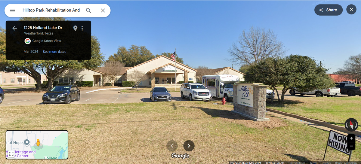 Hilltop Park Rehabilitation and Care Center located at 970 Hilltop Drive in Weatherford, Texas.