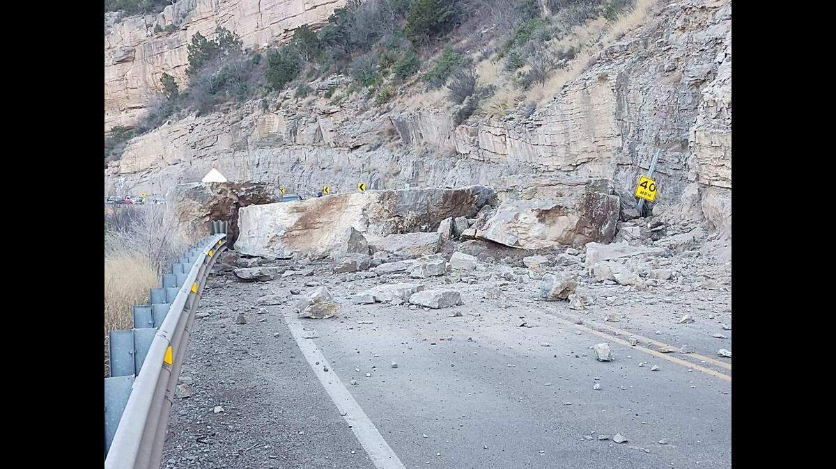 US 82 in New Mexico remains closed due to a Jan. 28 rock slide that left huge boulders across all travel lanes.