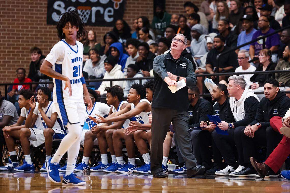 North Crowley head coach Tommy Brakel walks down the sideline and stares at the overhead scoreboard during a play in a UIL 6A D1 regional semifinal at Timberview High School on Tuesday, March 3, 2026.6.