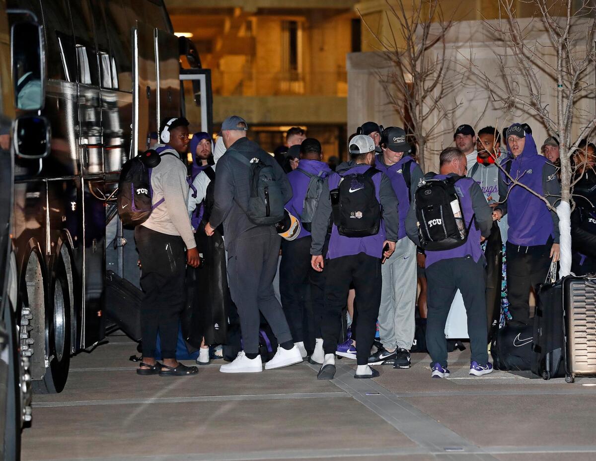 The TCU Horned Frogs return home after the CFP national championship football game to the TCU Campus in Fort Worth, Texas, Tuesday, Jan. 10, 2023.