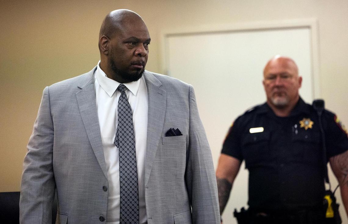 Lamont Cousins enters the courtroom for the closing arguments in the sentencing phase of his trial on Wednesday, April 30, at the Tim Curry Criminal Justice Center in Fort Worth. Cousins was found guilty of capital murder in the shooting deaths of three victims on Dec. 14, 2020. He was sentenced Wednesday to life in prison without parole.