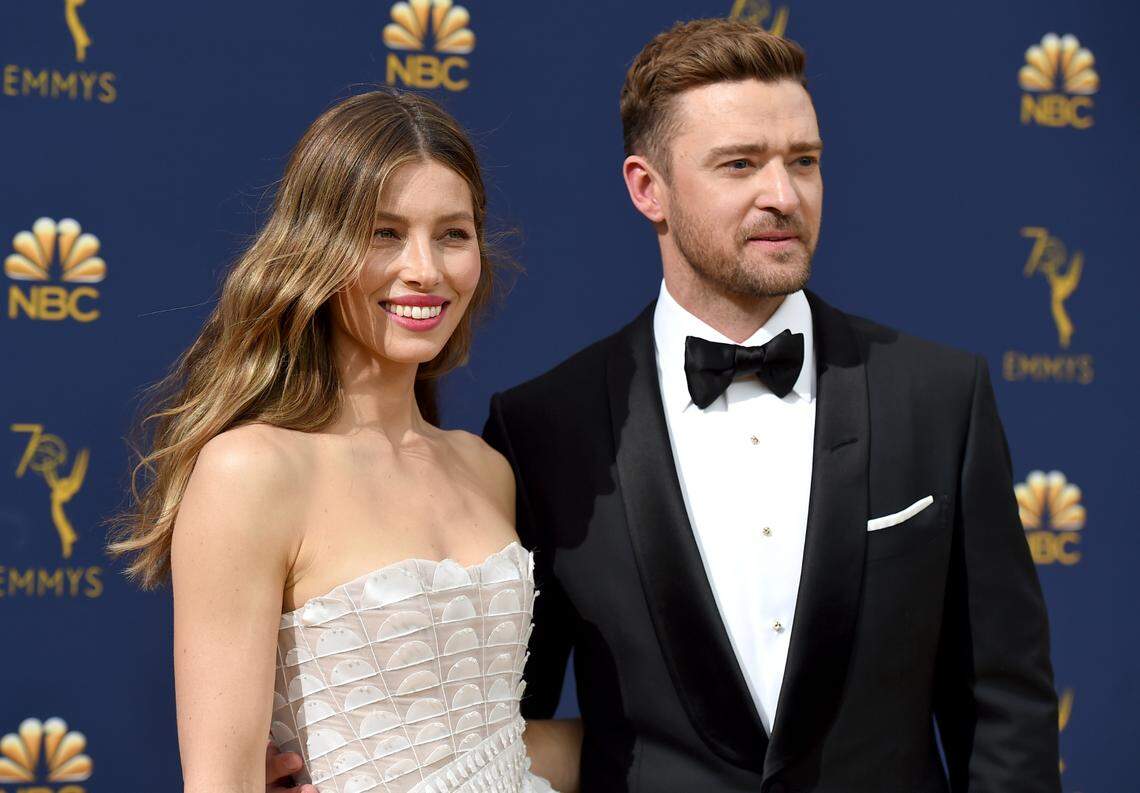 FILE - In this Sept. 17, 2018 file photo Jessica Biel, left, and Justin Timberlake arrive at the 70th Primetime Emmy Awards in Los Angeles. (Photo by Jordan Strauss/Invision/AP, File)