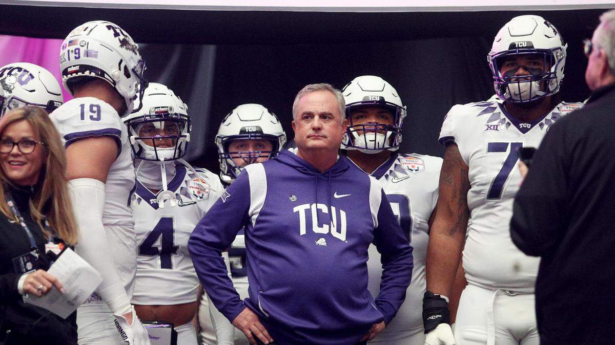 TCU head coach Sonny Dykes Waites with his team to take the field against Michigan during the Vrbo Fiesta Bowl at State Farm Stadium in Glendale, Ariz., on Dec. 31.