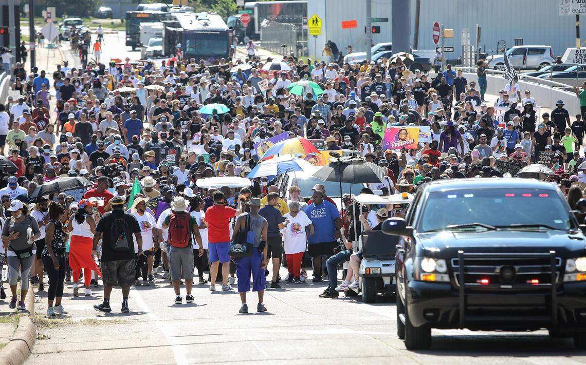 Opal Lee and hundreds of supporters celebrate Juneteenth being made a national holiday in 2021 by making the annual 2.5-mile Walk for Freedom in Fort Worth.
