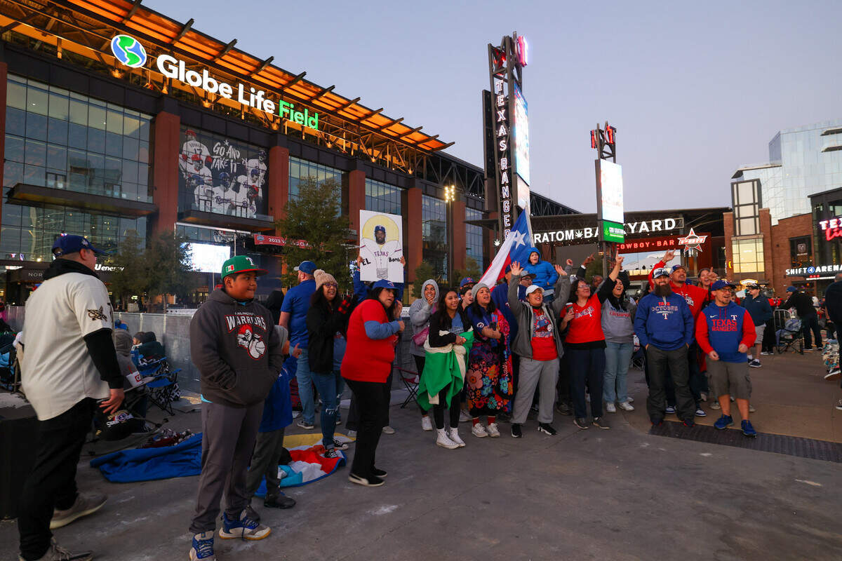 Texas Rangers fans line up for the World Series parade outside Globe Life Field on Friday, Nov. 3, 2023.
