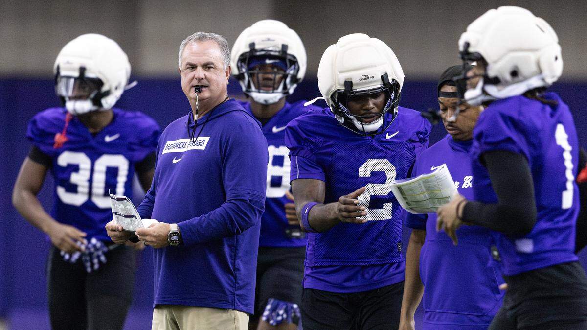 TCU Head Coach Sonny Dykes coaches the team during a team practice at the Sheridan & CLif Morris Football Practice Fields on TCU campus on Wednesday, Aug. 20, 2025.