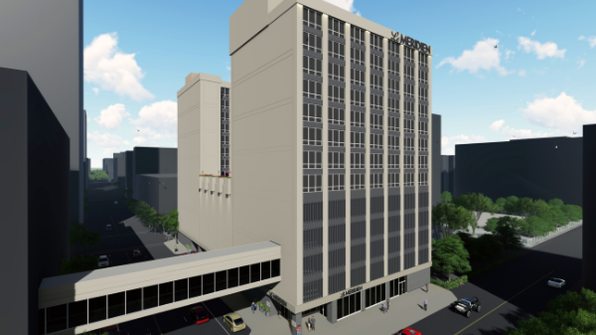 A rendering shows the planned 13-story Le Méridien at the old Hotel Texas annex.
