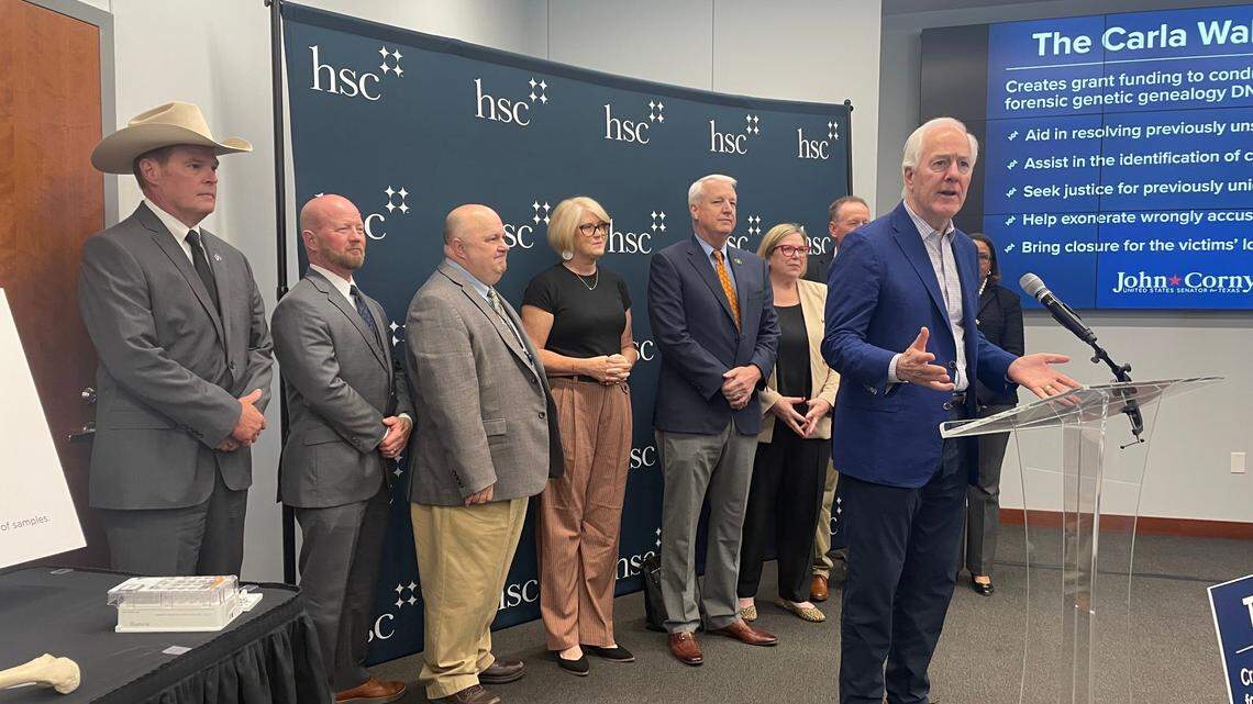 Joined by forensic science experts, law enforcement, and family members of crime victims, Sen. John Cornyn announced new proposed legislation, the Carla Walker Act, at the University of North Texas Health Science Center on Friday, Oct. 13, 2023. The act is designed to fund forensic genealogy DNA analysis to assist unsolved cold cases.