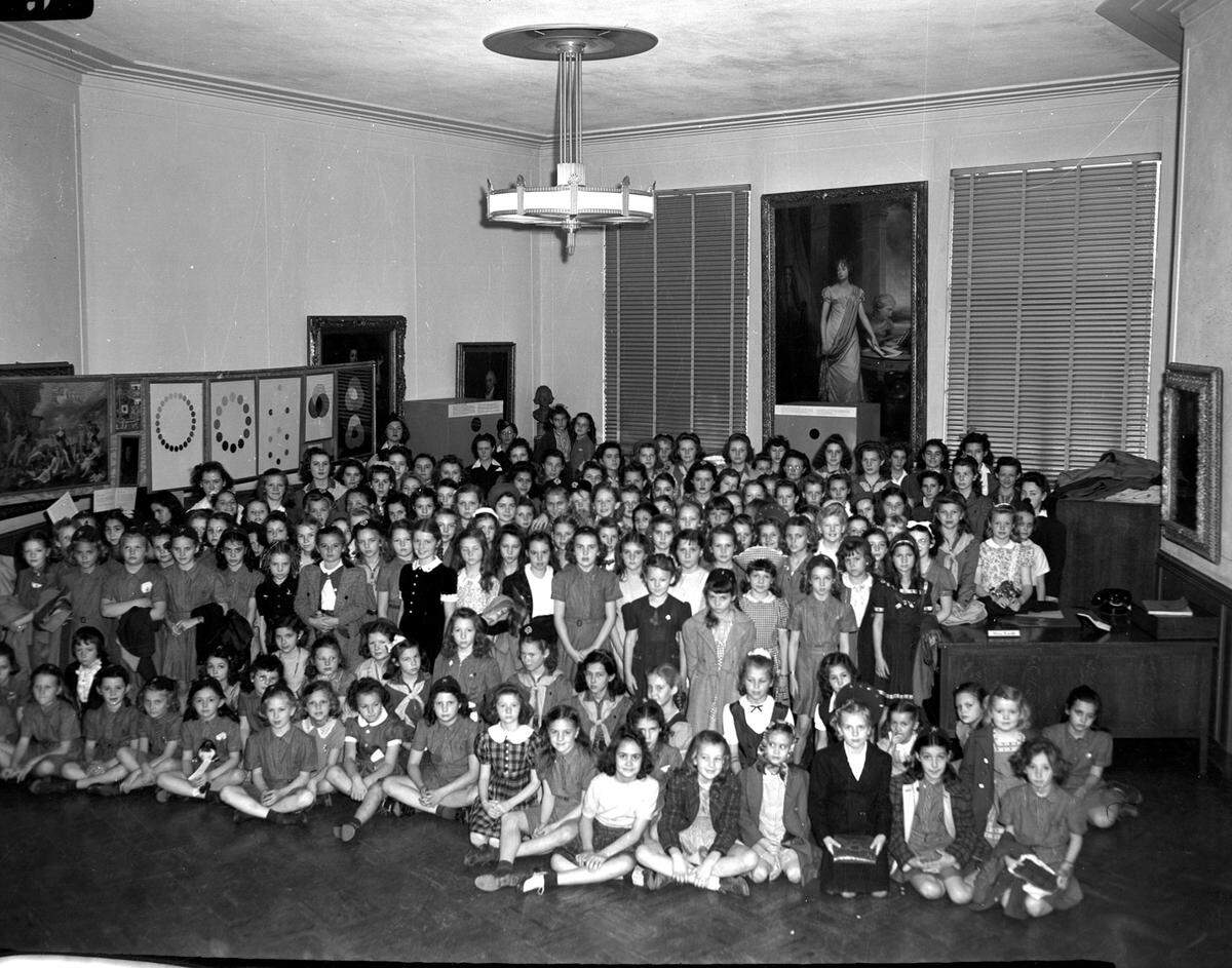 March 17, 1943: Part of a crowd of 300 children who attended the Carnegie Art Exhibition in the gallery of the Fort Worth Public Library. Fort Worth Girl Scout troops and other students visited the Carnegie Appreciation of the Arts Show. The show was sponsored by the Junior League and was free to the public.
