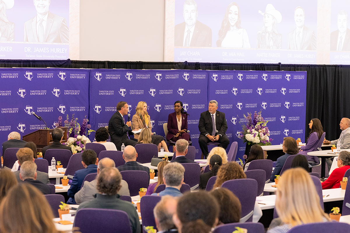 Fort Worth Mayor Mattie Parker, City Council member Mia Long, and City Manager Jay Chapa participate in a fireside chat with Tarleton State President James Hurley.